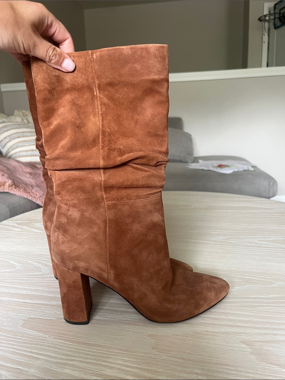 Banana Republic Suede Mid-Calf Heel Boots in Chestnut Brown